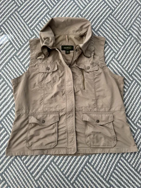 Eddie Bauer Utility Vest Size XXL Tan Cargo Hooded Nylon