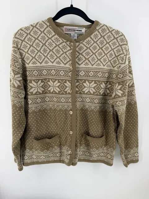 Crystal Kobe Fair Isle Cardigan Sweater Size S Brown Snowflake Acrylic