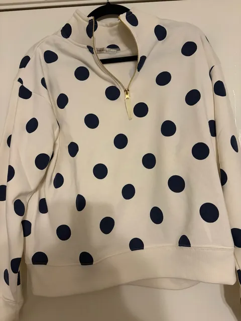Zenana Polka Dot 1/4 Zip Pullover Sweatshirt Size L White Blue