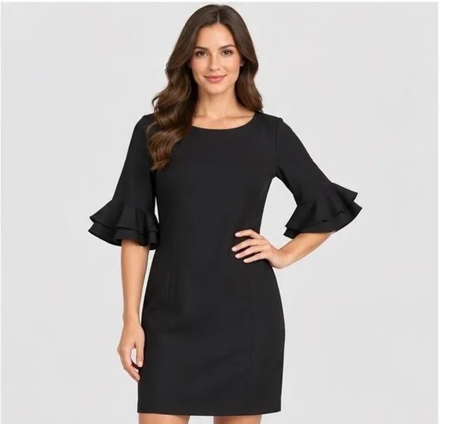 Lauren Ralph Lauren Crepe Dress Size 14 Black Layered Ruffle Sleeve