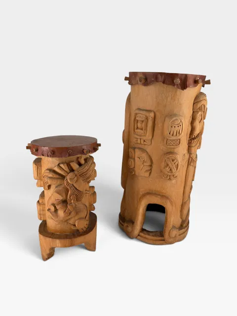 Hand-Carved Aztec Mayan Style Wooden Drums – Set of 2 – Mexican Folk Art Decor