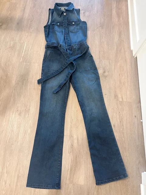 Rewash Denim Jumpsuit Size 8 Blue Sleeveless Belted Flare