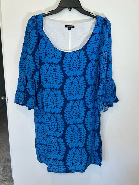 100% Silk Lauren Gold Silk Dress Size L Blue Paisley Bell Sleeve