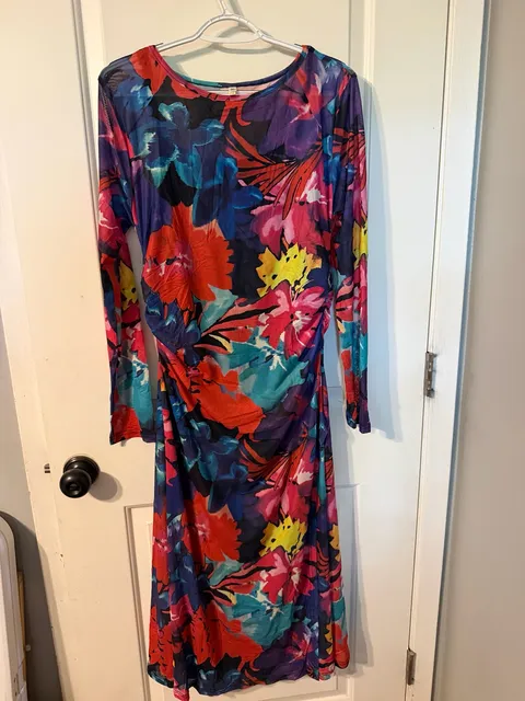 Floral Mesh Ruched Long Sleeve Maxi Dress Size 1XL Multicolor
