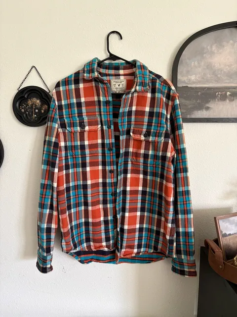 American Eagle Plaid Flannel Shirt Orange Blue