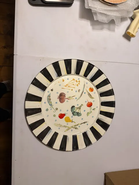 MacKenzie-Childs Enamel Vegetable Serving Charger Plate Black White Stripe