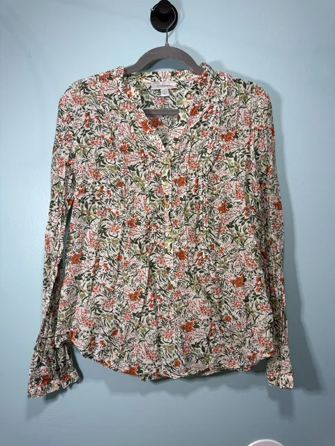 dressbarn Floral Blouse Size L Long Sleeve V-Neck