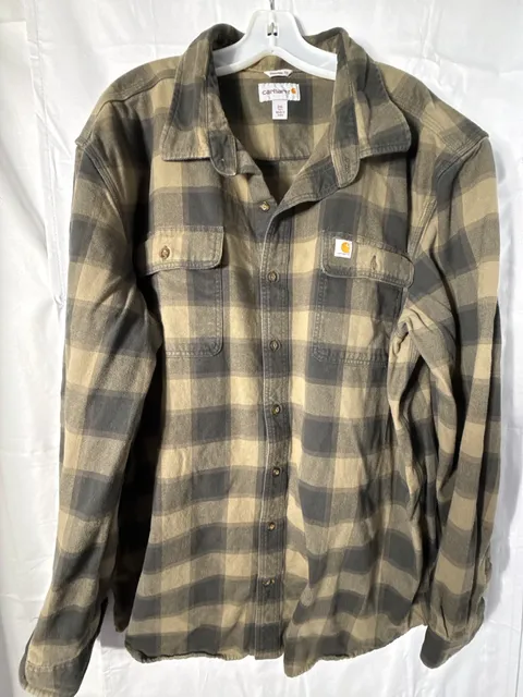Carhartt Plaid Flannel Shirt Size 2XL Tall Brown Gray Button-Up Long Sleeve