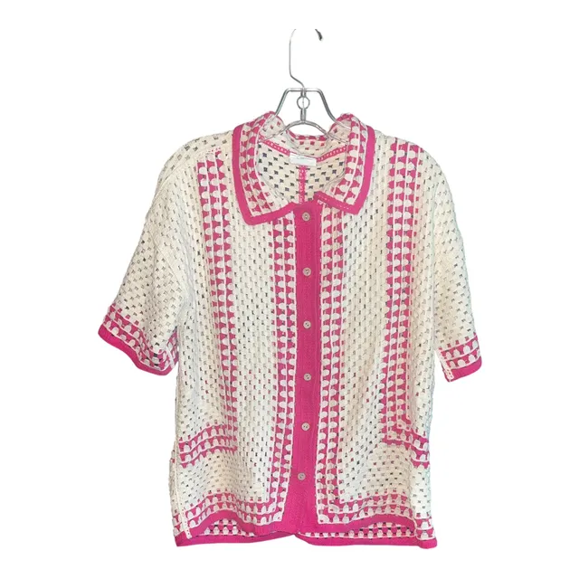 New In Crochet Knit Polo Shirt NT12044 Cream Pink Short Sleeve Top