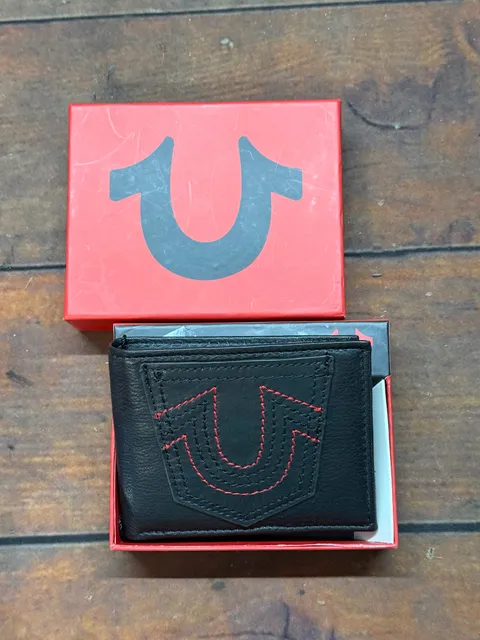 True Religion Black Leather Wallet With Red Stitching In Box