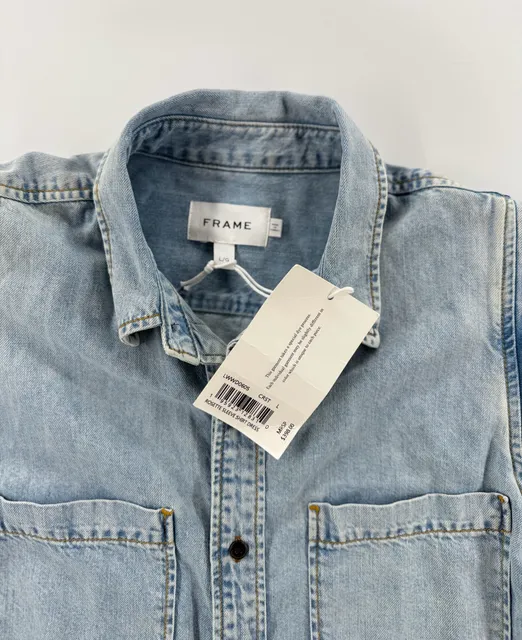NWT FRAME Rosette Sleeve Shirt Dress Size L Blue Denim Dress