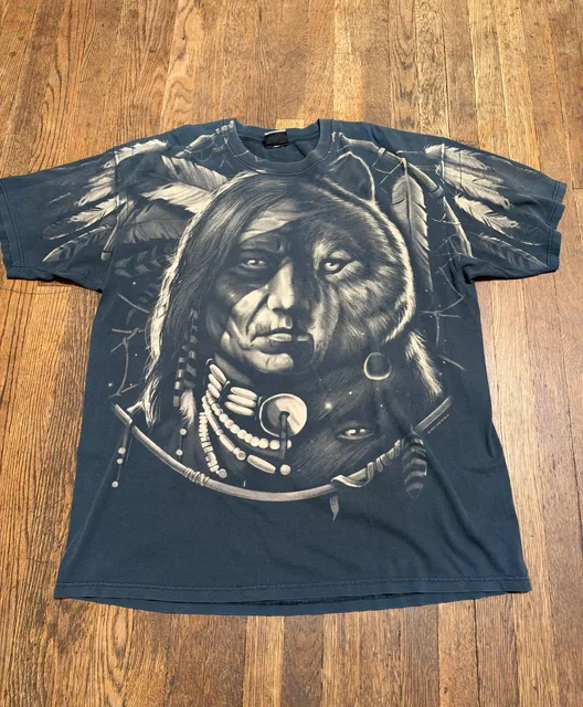 Liquid Blue Vintage Native American Wolf T-Shirt Dark Blue Graphic 1996 AOP XL