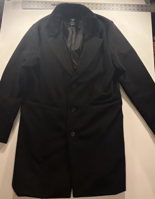 Forever 21 Men Faux Fur Collar Overcoat Black L