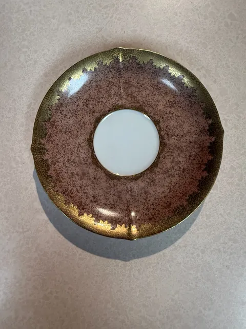 Vintage Porcelain Saucer Gold Gilt Burgundy Mottled Design