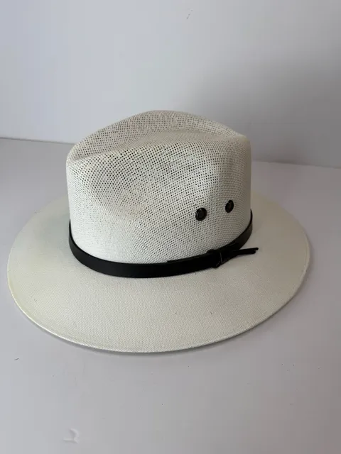 Vintage Tomson White Straw Fedora Sun Hat Black Band Size Large