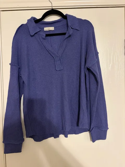 Zenana Waffle Knit Collared Pullover Size L Purple