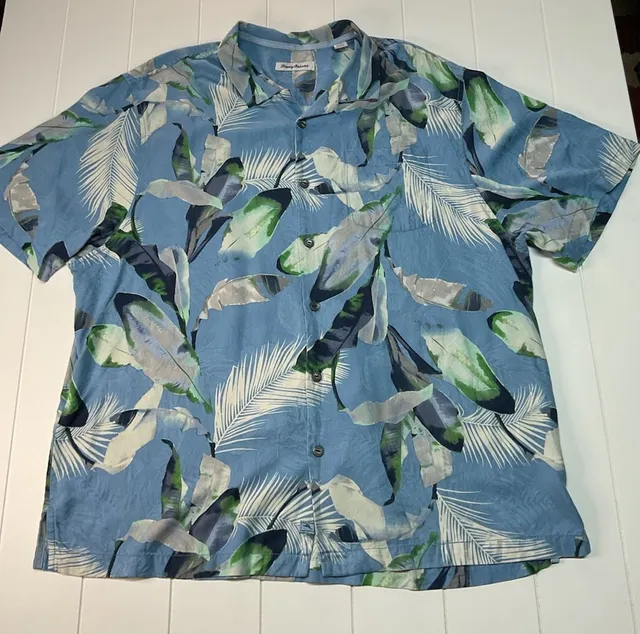 Tommy Bahama Silk Hawaiian Shirt Size 1XL Blue Tropical Leaf Print