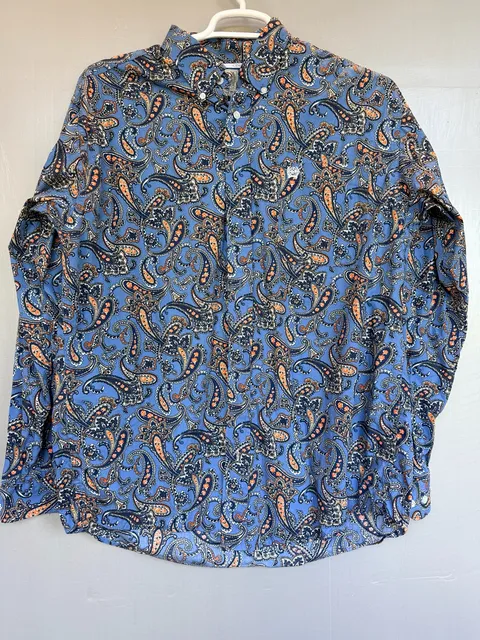 Cinch Long Sleeve Button Down Shirt Size M Blue Paisley Print Cotton