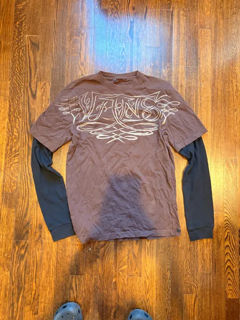 Vans Double Layer Long Sleeve T-Shirt Brown Graffiti Black Graphic Size L