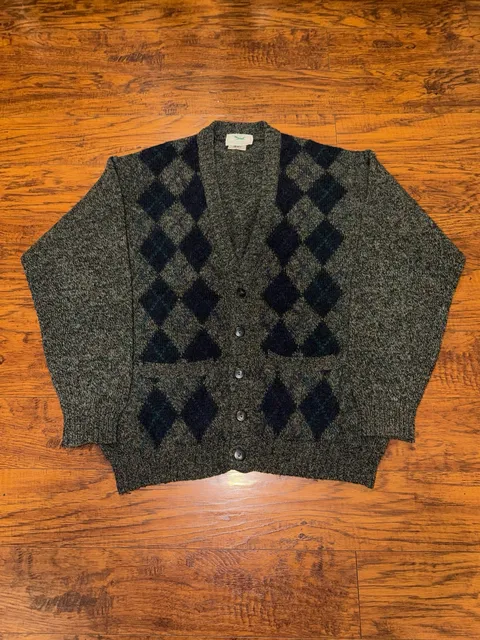 Vintage Argyle Cardigan Sweater Green Gray Knit