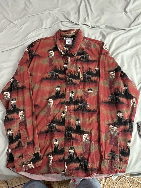 Columbia River Lodge Button Down Shirt Size L Dog Duck Hunting Print