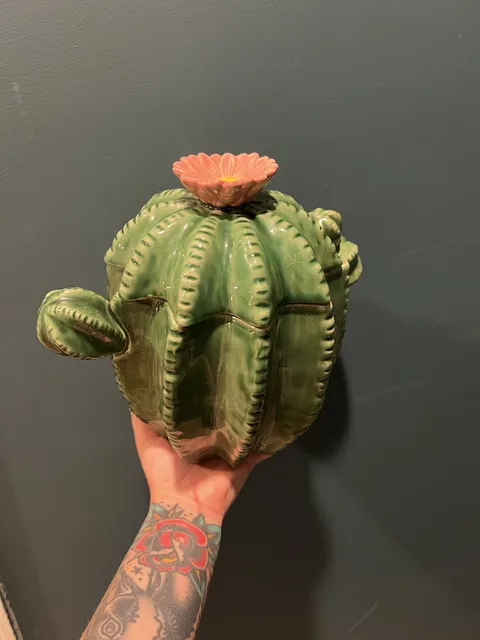 World Market Ceramic Cactus Cookie Jar Canister Green Pink Flower
