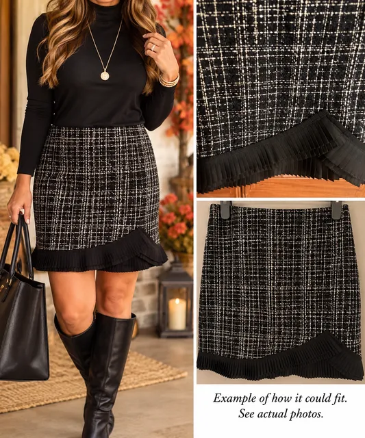 White House Black Market Skirt Size 6 Black White Tweed Pleated Hem
