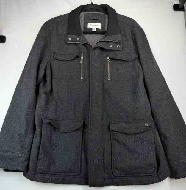 Calvin Klein Mens L Wool Blend Field Jacket Charcoal Gray Utility Coat