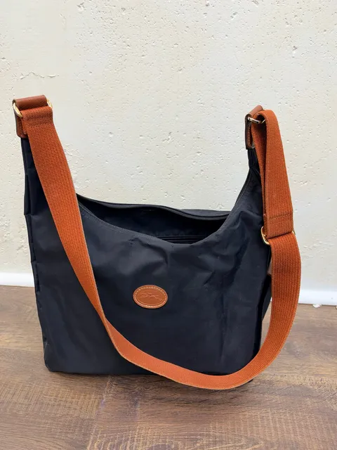 Longchamp Black Nylon Canvas Crossbody Bag Cognac Brown Strap