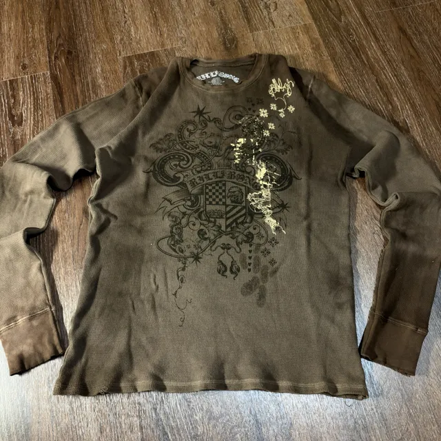 Y2K Billabong Waffle Long Sleeve Shirt Size L Brown Graphic Thermal