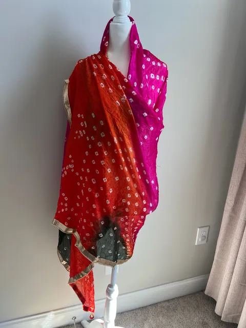 Bandhani Tie Dye Silk Dupatta Scarf Multicolored Gold Trim Tassels