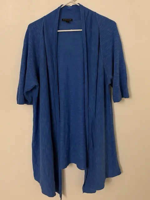 Eileen Fisher Linen Blend Longline Short Sleeve Cardigan Size XL Open Front Blue