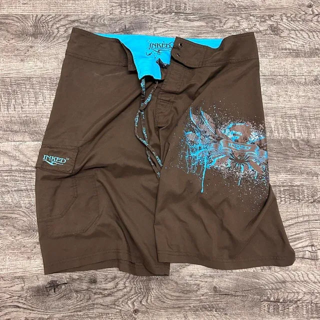 Inked Board Shorts Size 34 Brown Blue Graphic Y2K