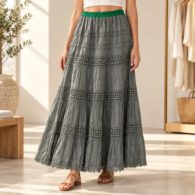Unbranded Cotton Tiered Maxi Skirt Size L Gray Green Boho Peasant