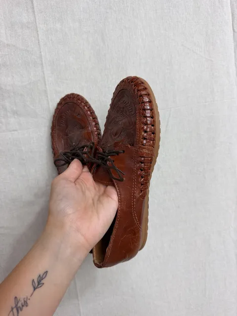 Vintage Tooled Leather Huarache Oxford Shoes Brown