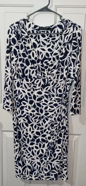 Lauren Ralph Lauren Dress Size 10 Blue White Abstract Faux Wrap