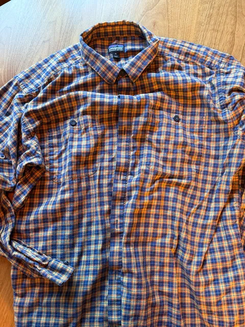Patagonia Organic Cotton Plaid Shirt Size XL Blue Orange Long Sleeve
