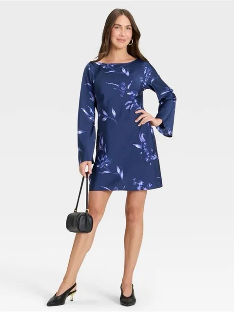 a new day Navy Floral Long-Sleeve Shift Dress