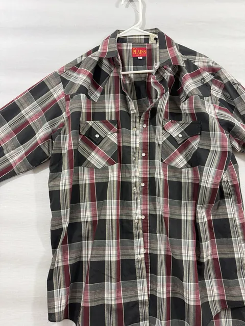 Ely Plains Western Shirt Size L Plaid Pearl Snap Long Sleeve