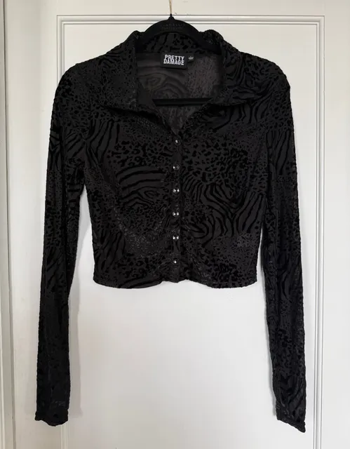Pretty Damage Button-Up Shirt Size L Black Mesh Animal Print Velvet Top