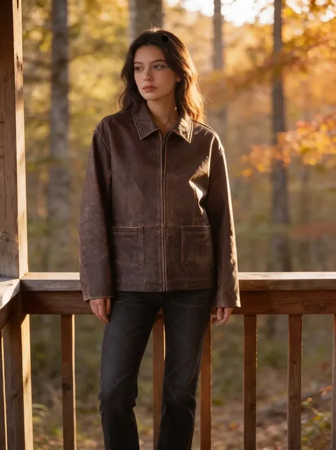 Cabela's For Women Distressed Leather Jacket Size L Regular Brown