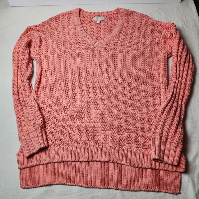 Lucky Brand V-Neck Sweater Size L Coral Pink Ribbed Knit