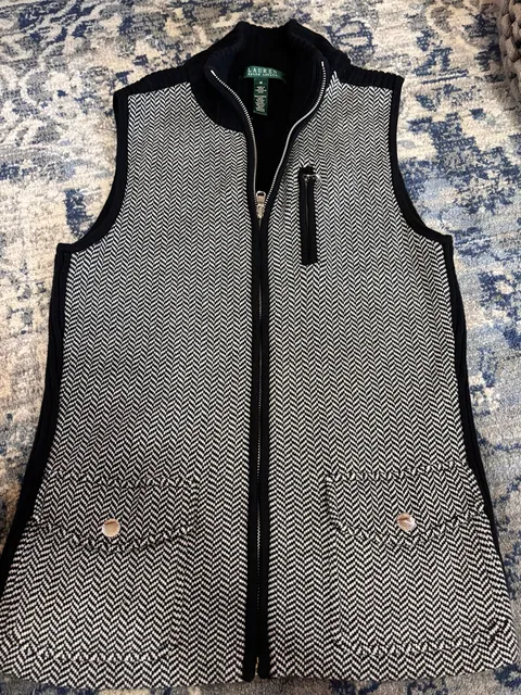 LRL Ralph Lauren Herringbone Black IZip Sweater Vest M