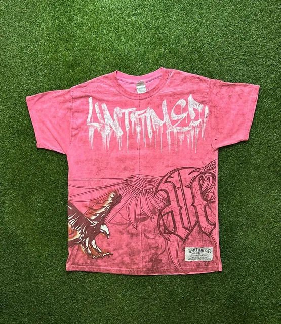 Y2K 2000s Untamed Graphic T-Shirt Size L Pink Acid Wash Eagle All Over Print