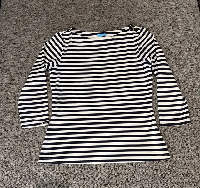 J.McLaughlin Boat Neck Striped Top Size XS Black White Shoulder Buttons