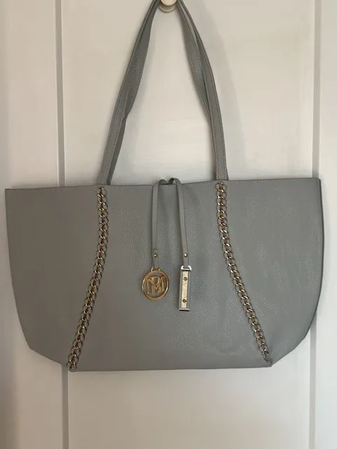 Badgley Mischka Gray Pebbled Leather Chain Tote Bag