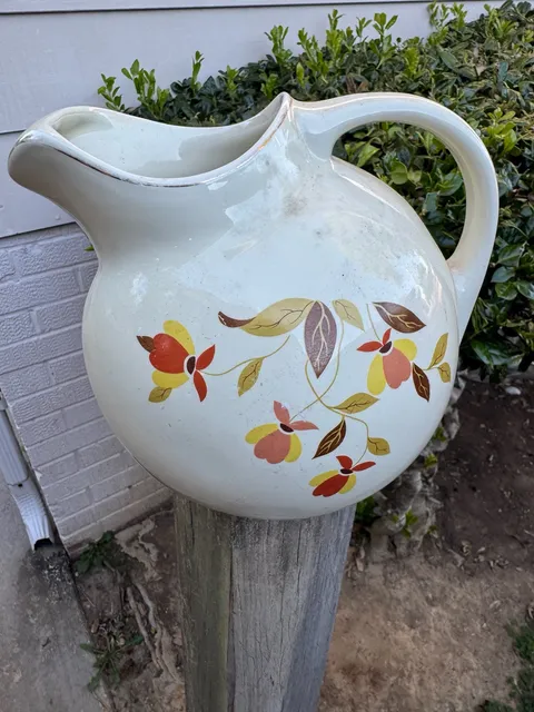 Vintage Ceramic Floral Pitcher Cream and Brown Mid Century