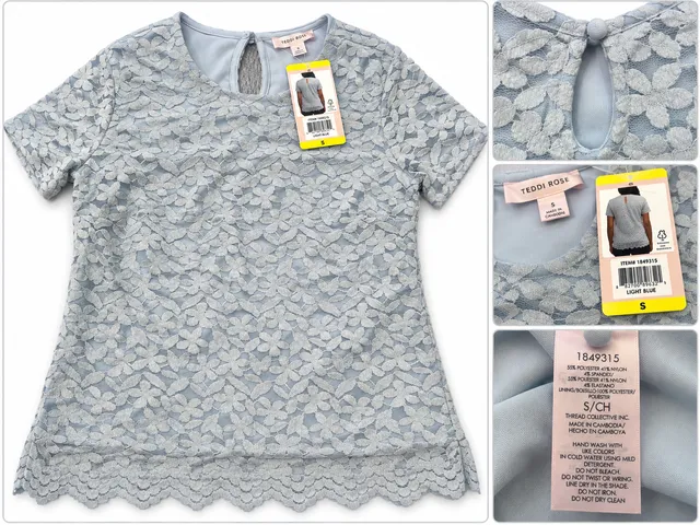 Teddi Rose Women's Floral Lace Blouse Light Blue Size S Short Sleeve NWT