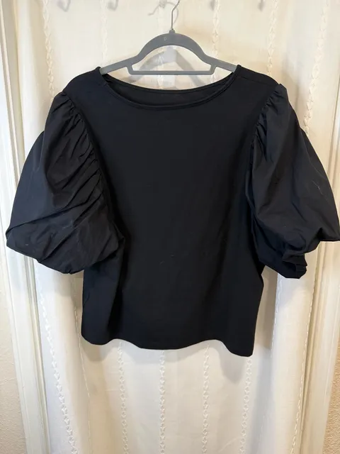Black Puff Sleeve Blouse Womens XXL Short Balloon Sleeve Crew Neck Statement Top