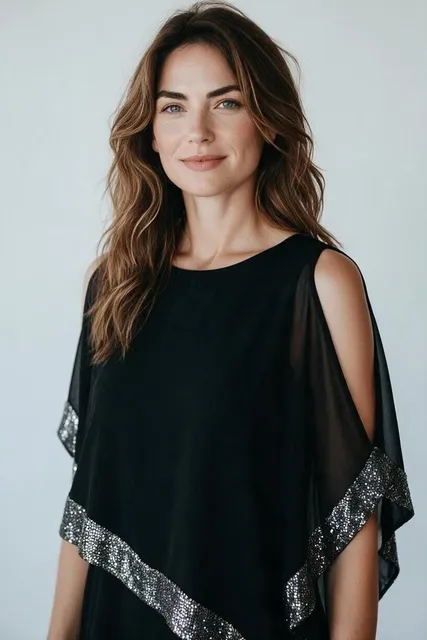 MSK Cold Shoulder Sequin Trim Blouse Size S Black